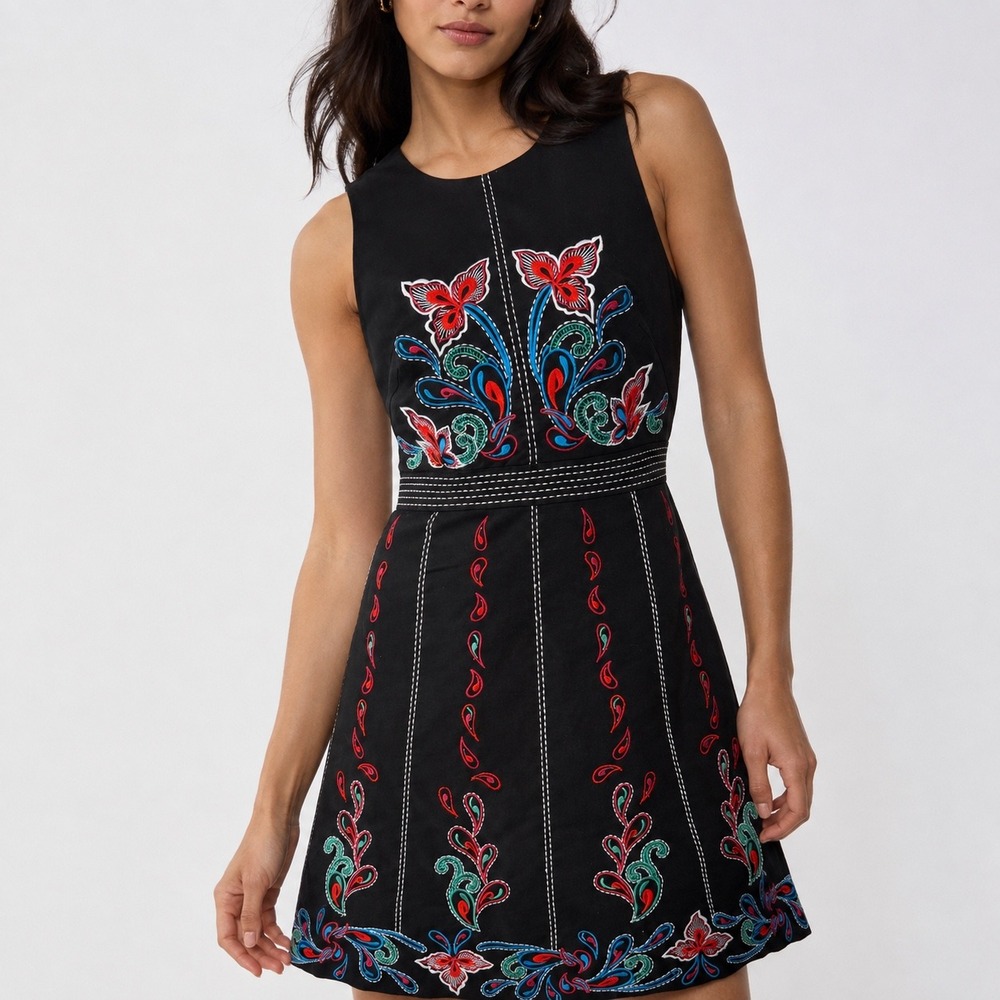 Maeve Chennai Embroidered Floral Dress Womens 4 Black Anthropologie Boho Folk